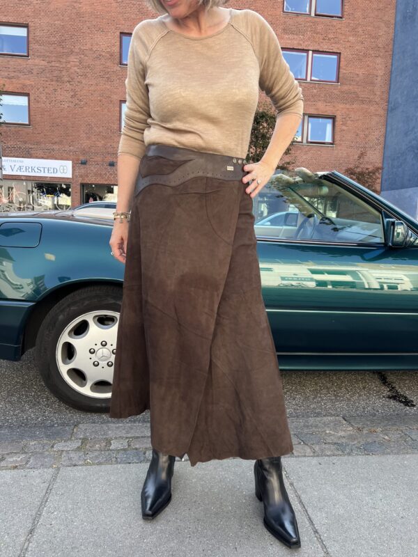 Lamb Suede Long Skirt Inlay Brown